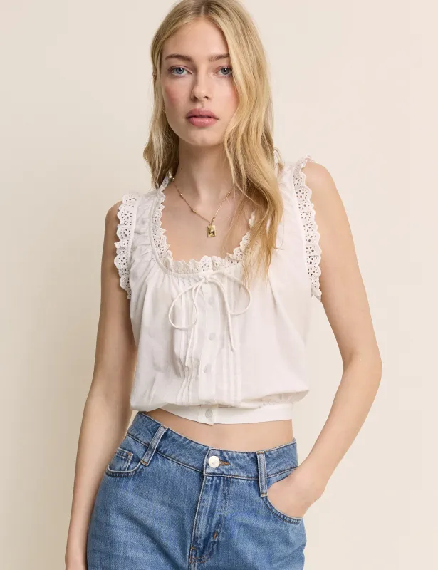White Broderie Lace Trim Scoop Neck Blouse made by Nobody's Child
