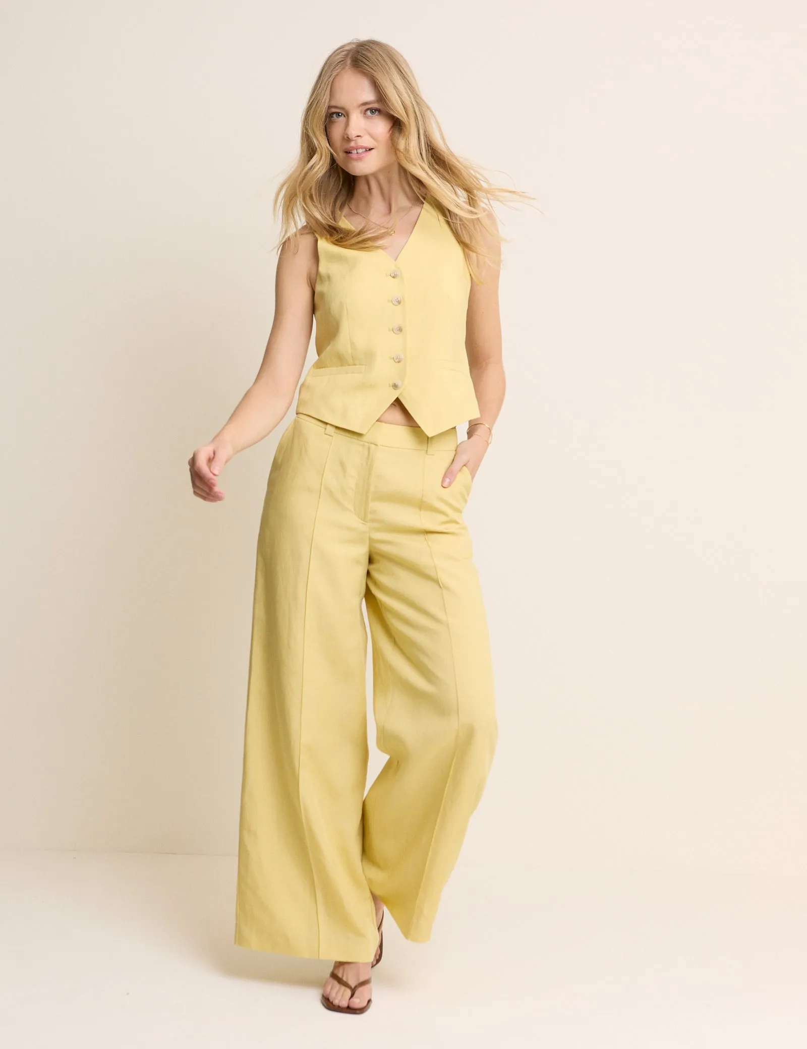 Yellow Linen-Blend Wide Leg Tailored Trousers sold by Nobody's Child