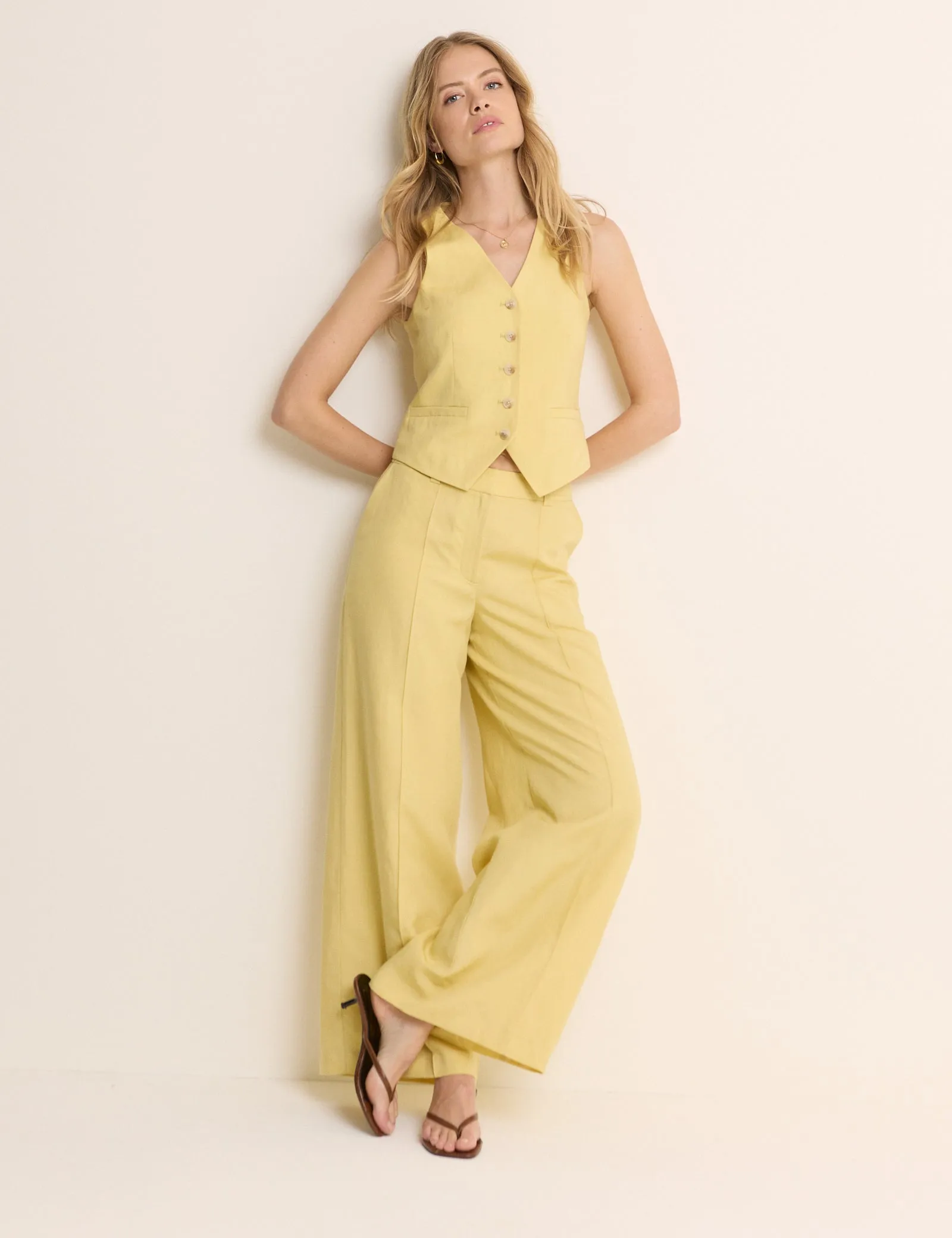 Yellow Linen-Blend Wide Leg Tailored Trousers sold by Nobody's Child product image thumbnail 5