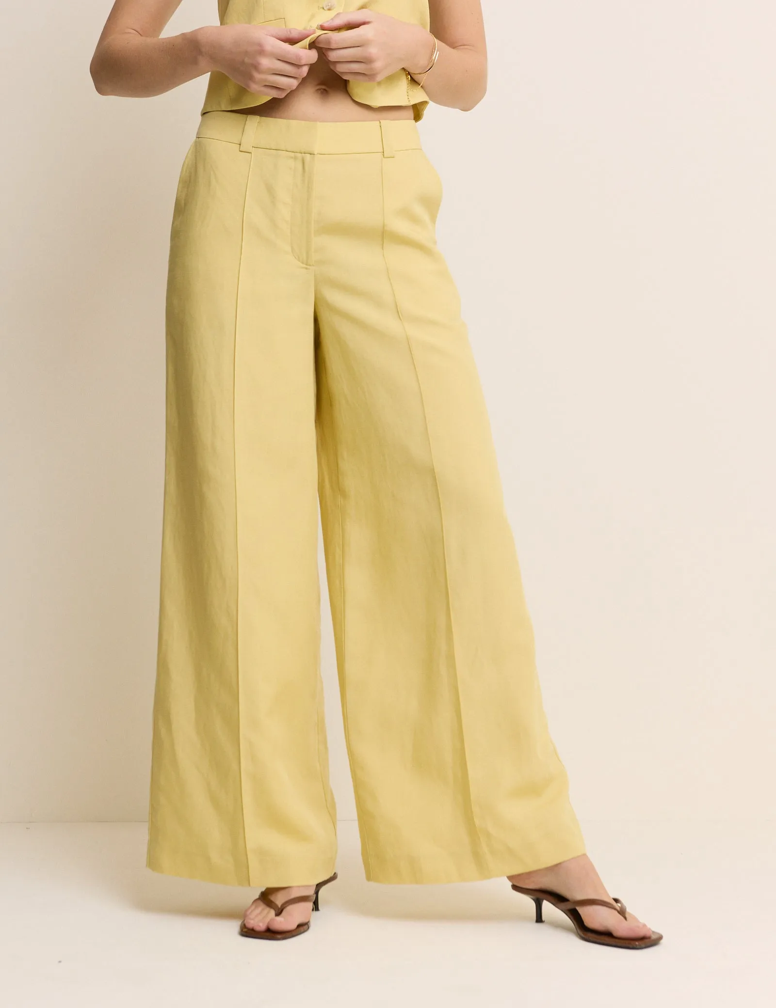 Yellow Linen-Blend Wide Leg Tailored Trousers sold by Nobody's Child product image thumbnail 2