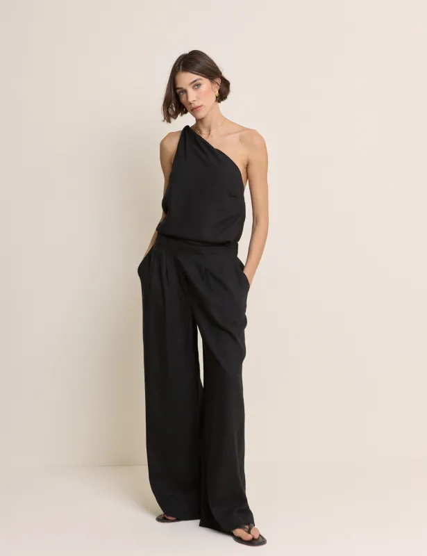Black Linen-Blend Wide Leg Trousers made by Nobody's Child