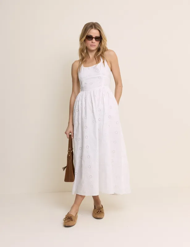 White Broderie Halter Neck Hallie Midi Dress sold by Nobody's Child