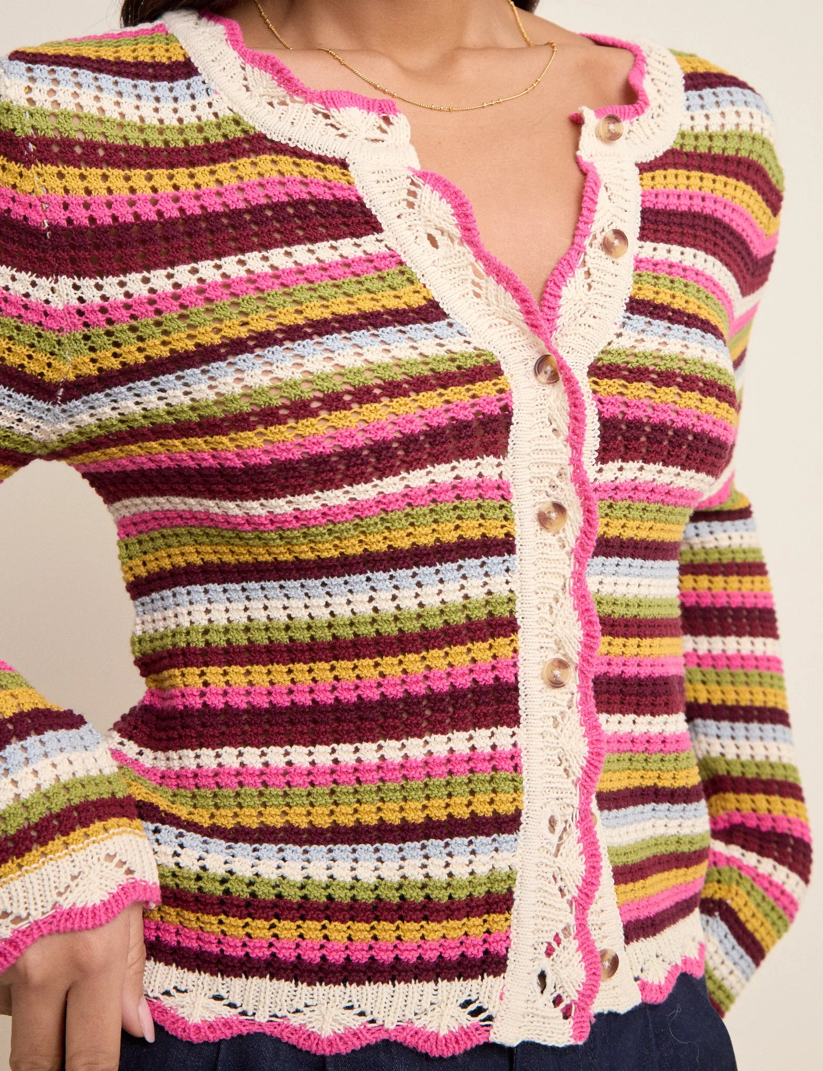 Multi-Coloured Striped Scallop Crochet Cardigan sold by Nobody's Child product image thumbnail 2