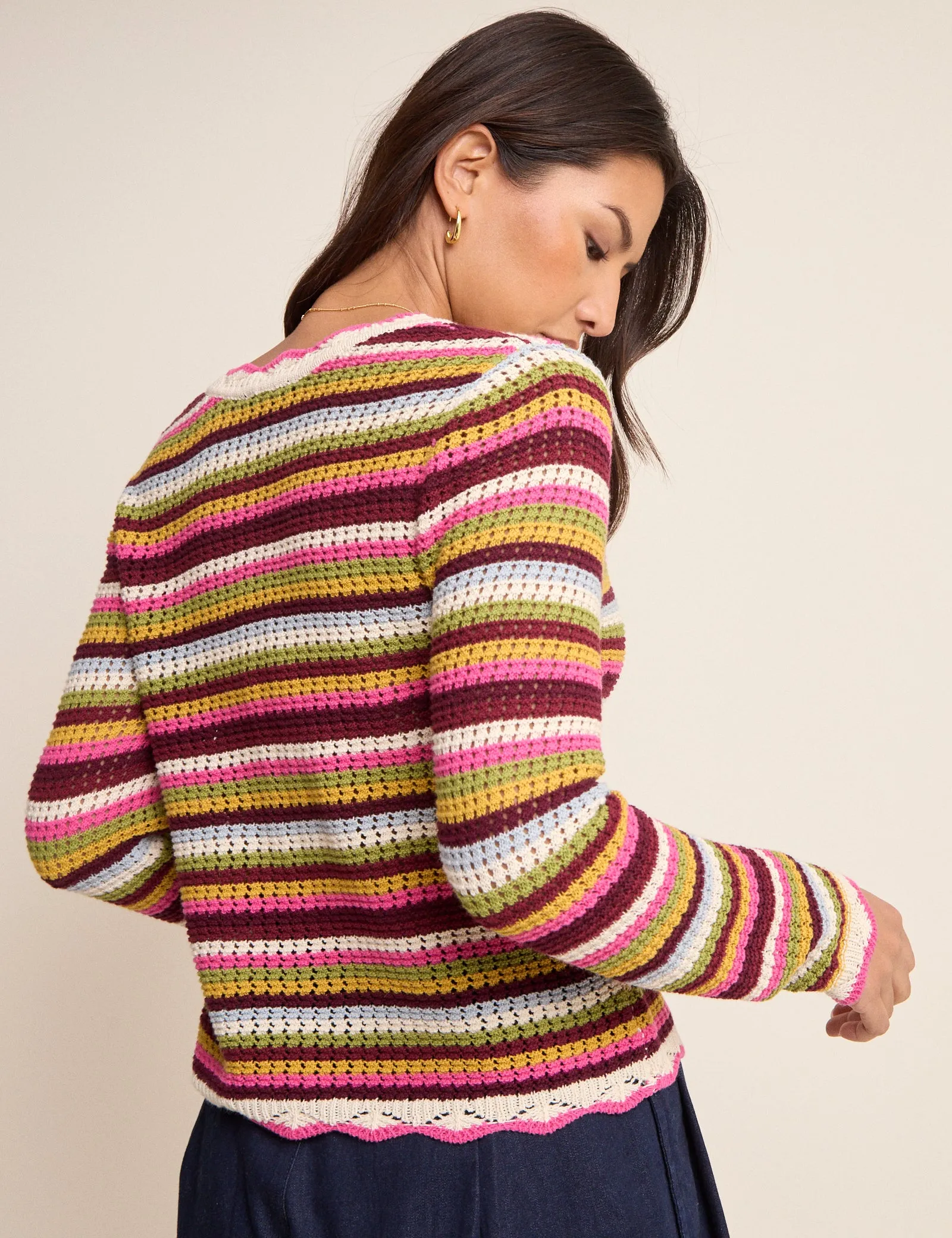 Multi-Coloured Striped Scallop Crochet Cardigan sold by Nobody's Child product image thumbnail 4