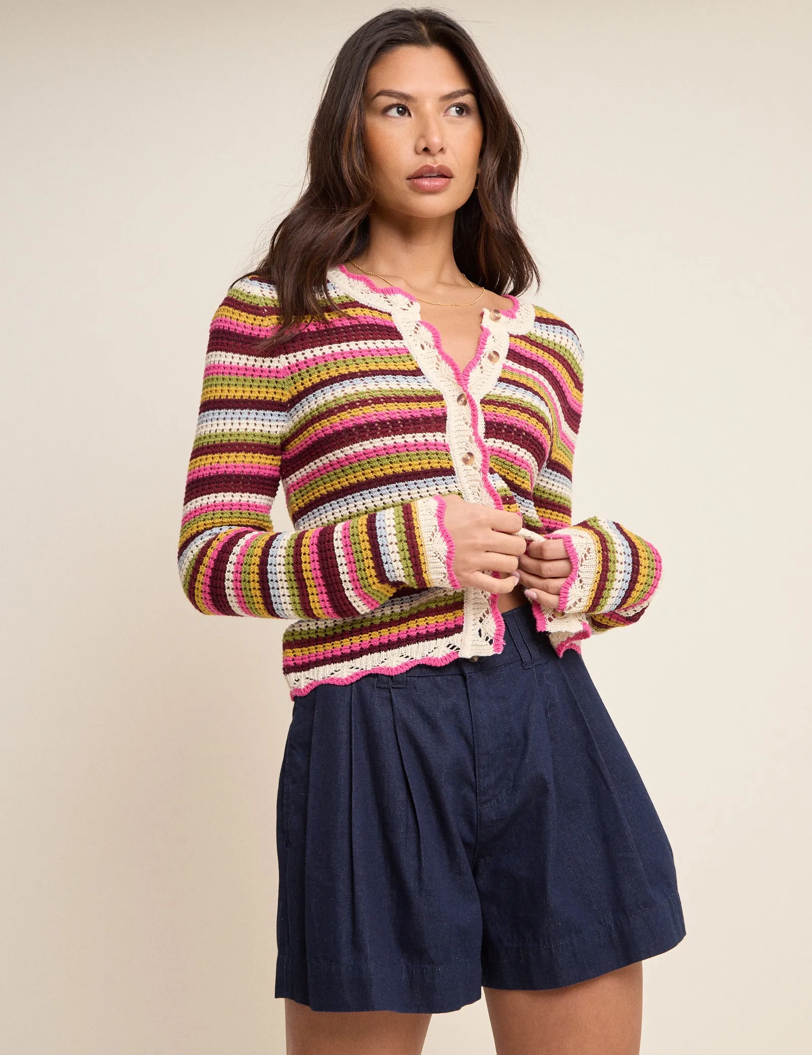 Multi-Coloured Striped Scallop Crochet Cardigan sold by Nobody's Child