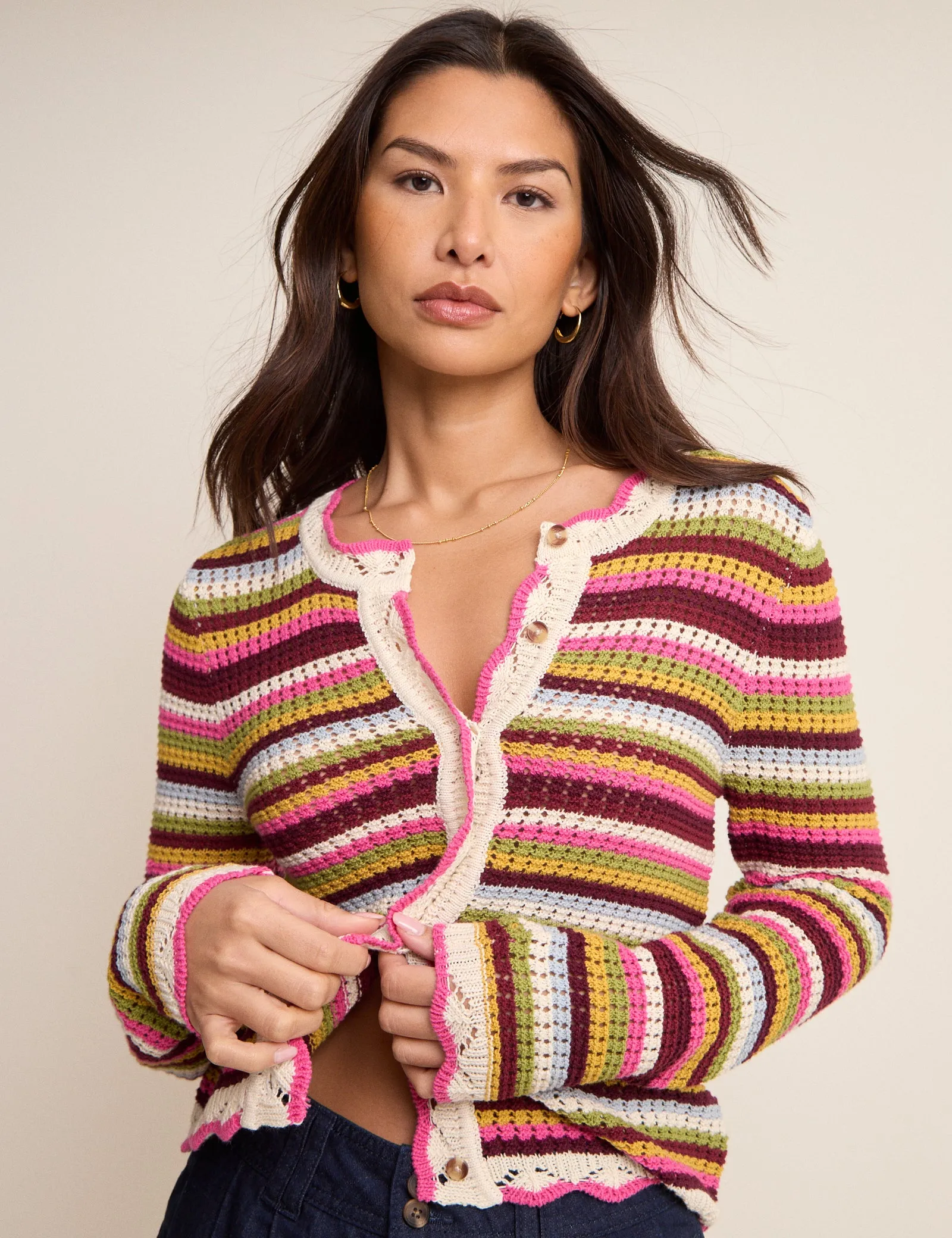 Multi-Coloured Striped Scallop Crochet Cardigan sold by Nobody's Child product image thumbnail 5