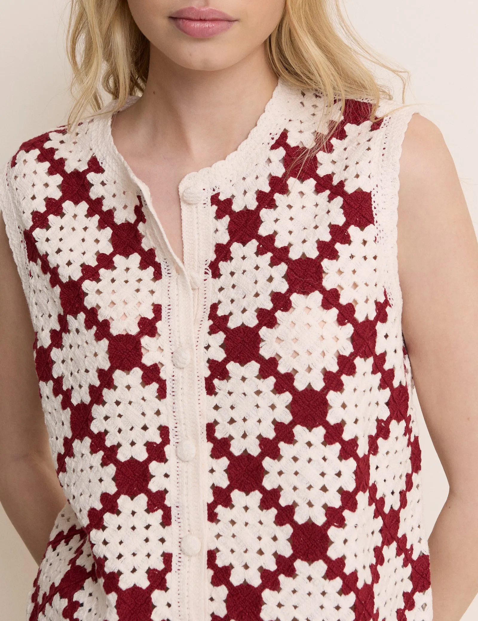 Red and White Crochet Button Through Waistcoat sold by Nobody's Child product image thumbnail 2