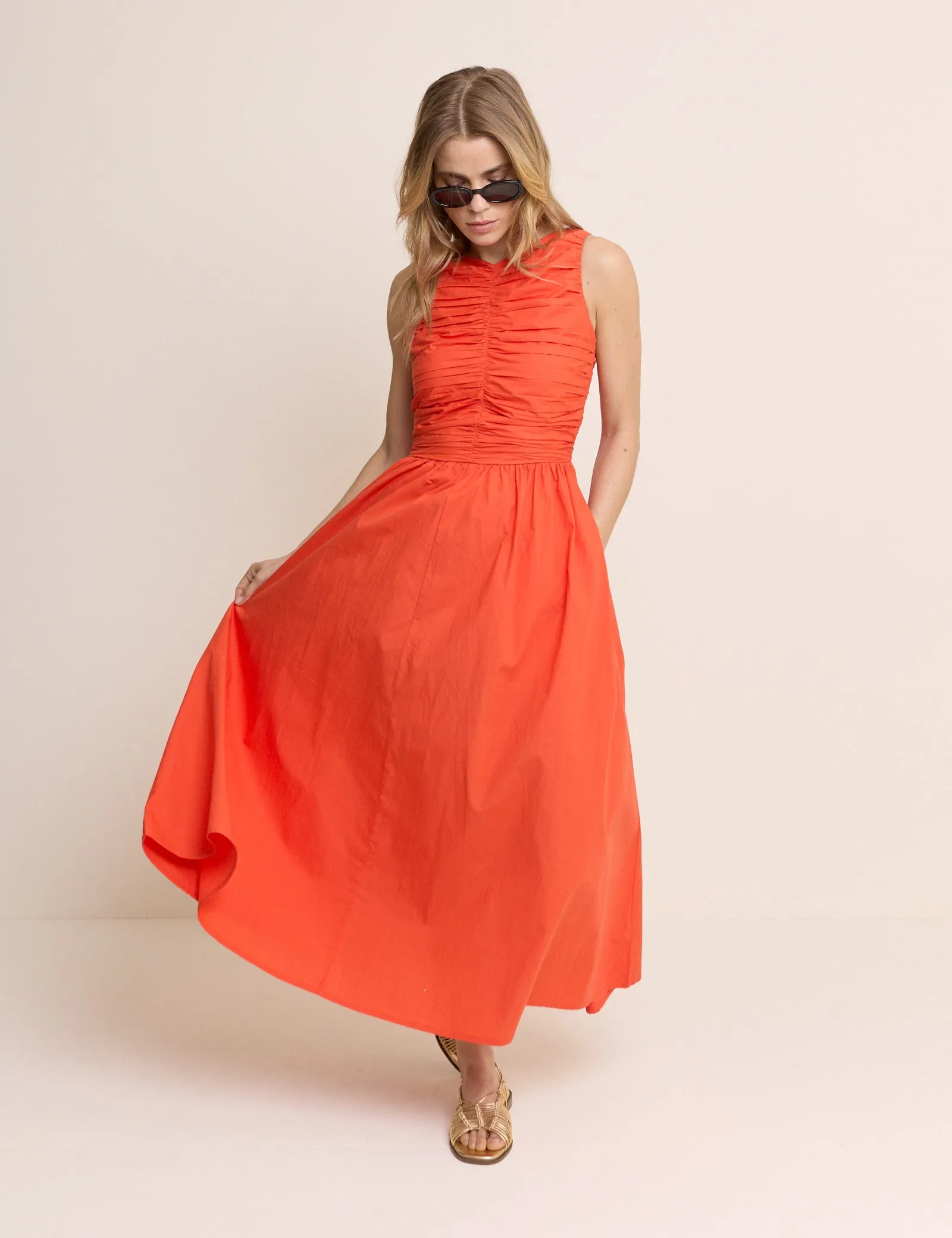Orange Ruched Monica Midi Dress sold by Nobody's Child