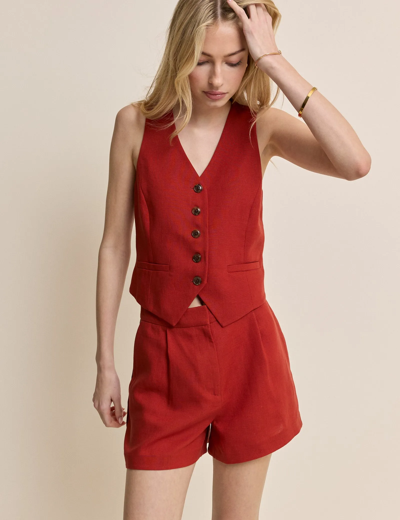 Red Linen-Blend Tailored Shorts sold by Nobody's Child product image thumbnail 3
