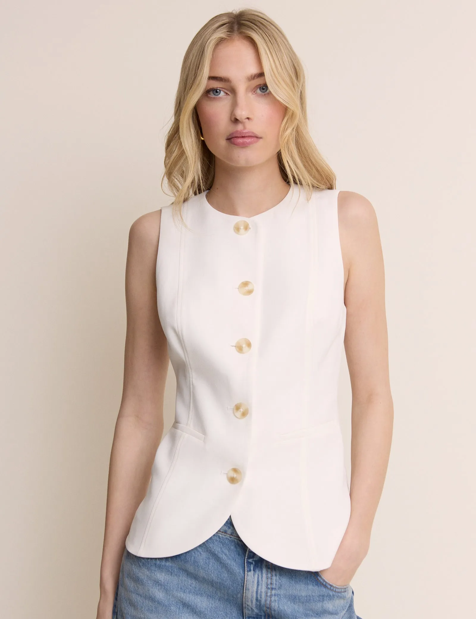 White Crew Neck Longline Waistcoat sold by Nobody's Child