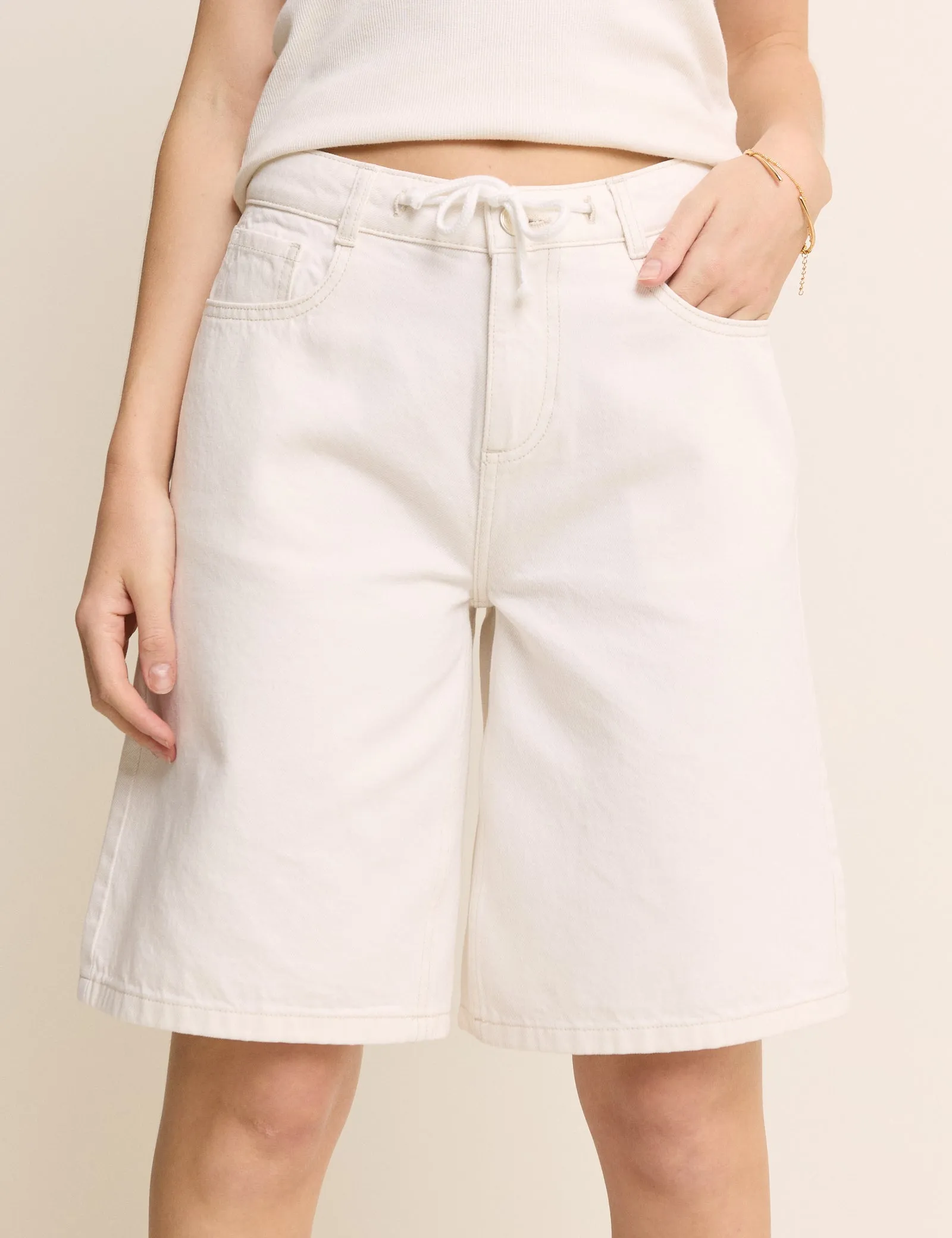 White Drawstring Bermuda Denim Shorts sold by Nobody's Child product image thumbnail 4