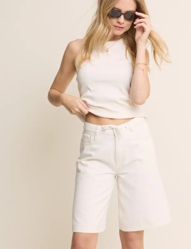 White Drawstring Bermuda Denim Shorts made by Nobody's Child