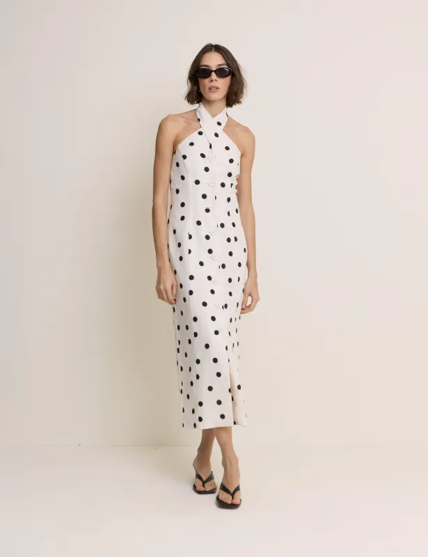Polka Dot Wrap Neck Tailored Midi Dress made by Nobody's Child