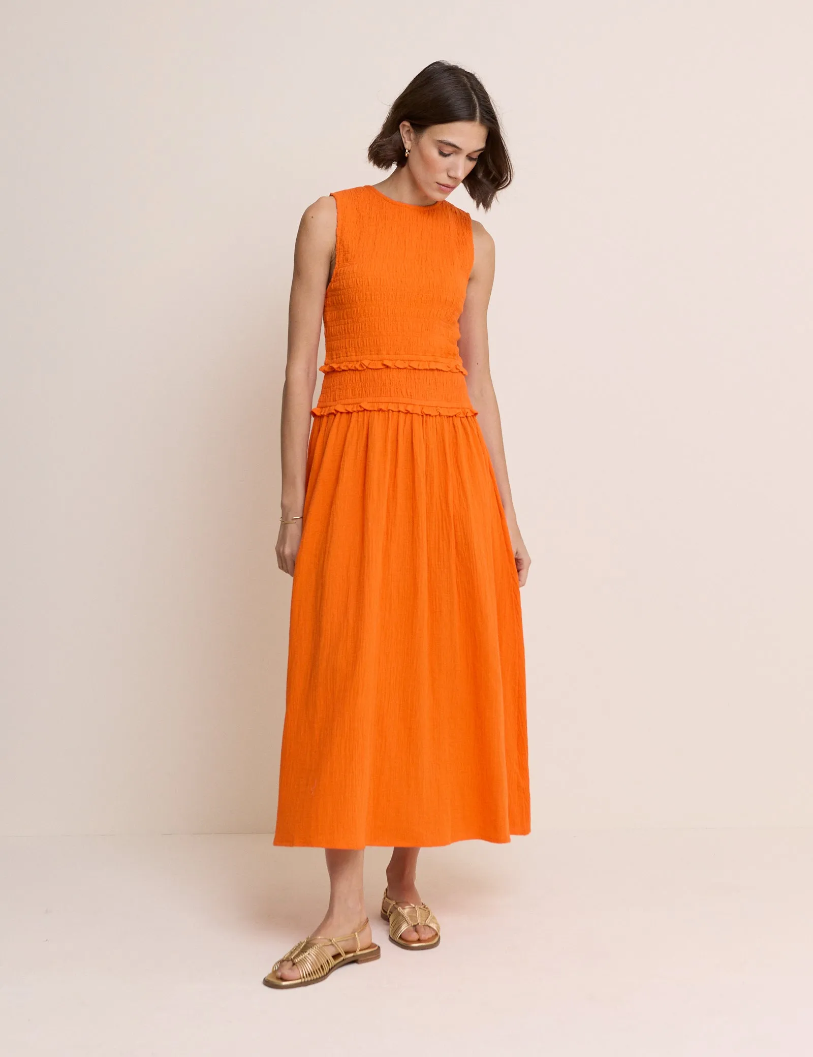 Orange Tiered Ingrid Midi Dress sold by Nobody's Child