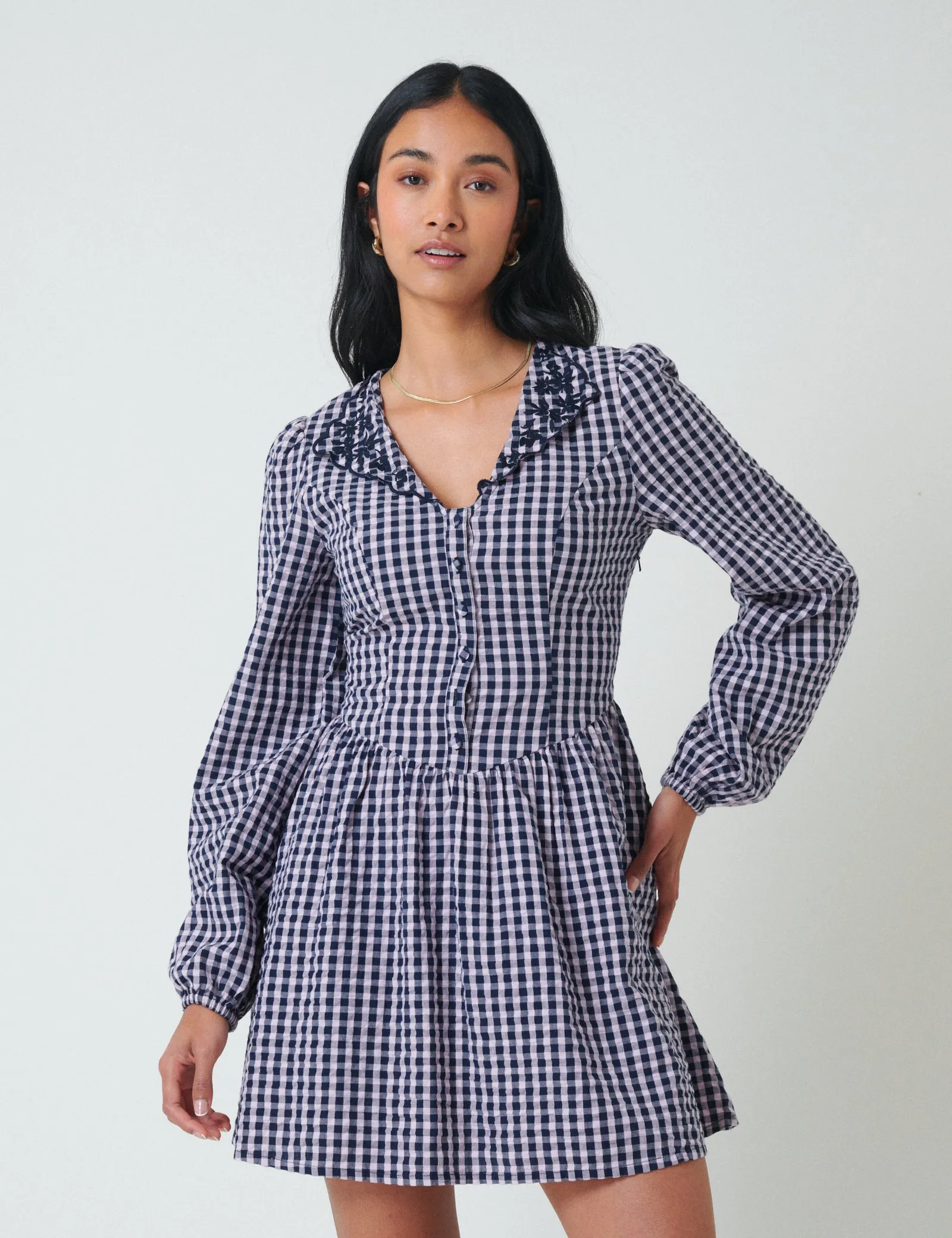 Blue Gingham Floral Collar Sienna Mini Dress sold by Nobody's Child product image thumbnail 4