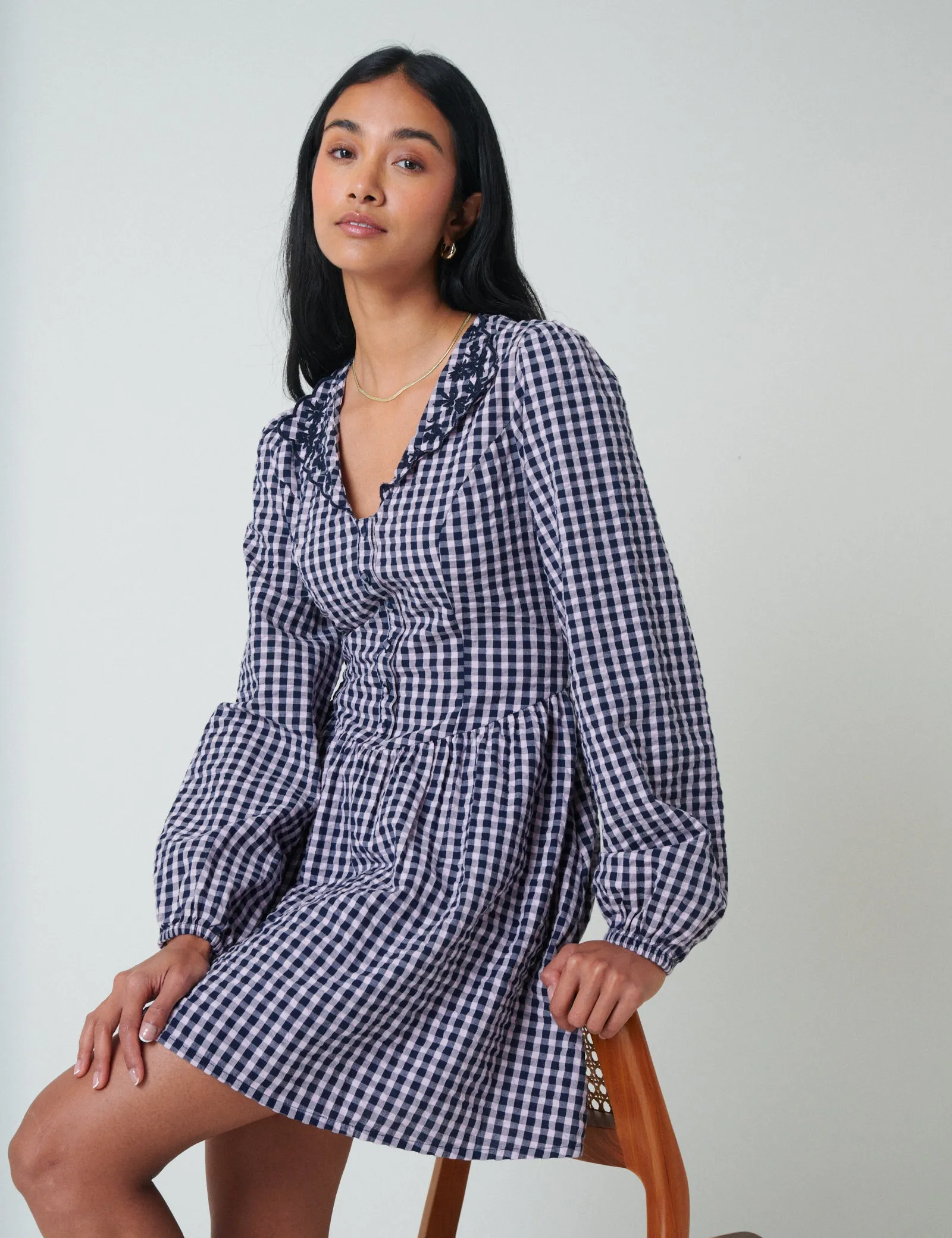 Blue Gingham Floral Collar Sienna Mini Dress sold by Nobody's Child