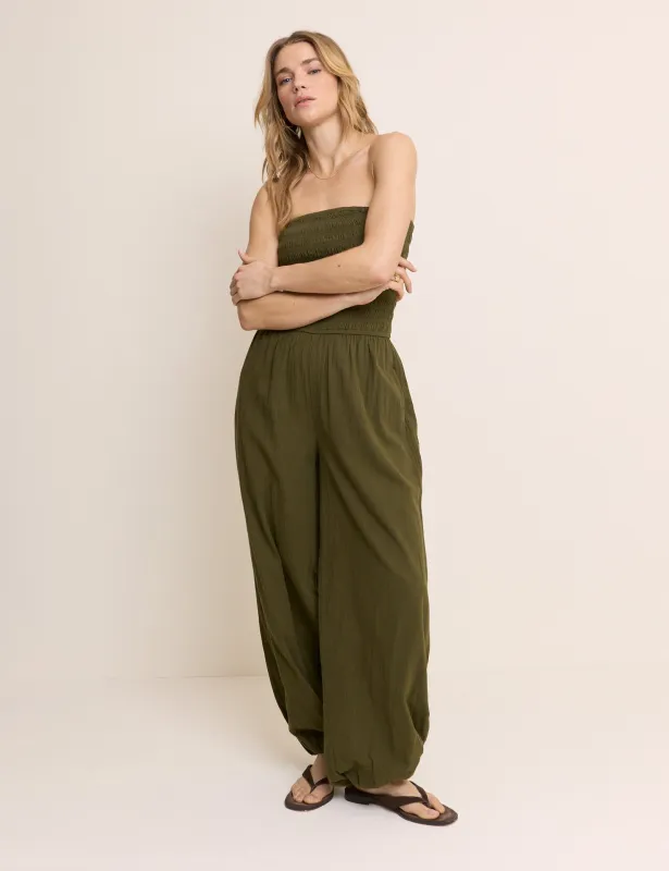 Khaki Shirred Bandeau Carly Jumpsuit made by Nobody's Child