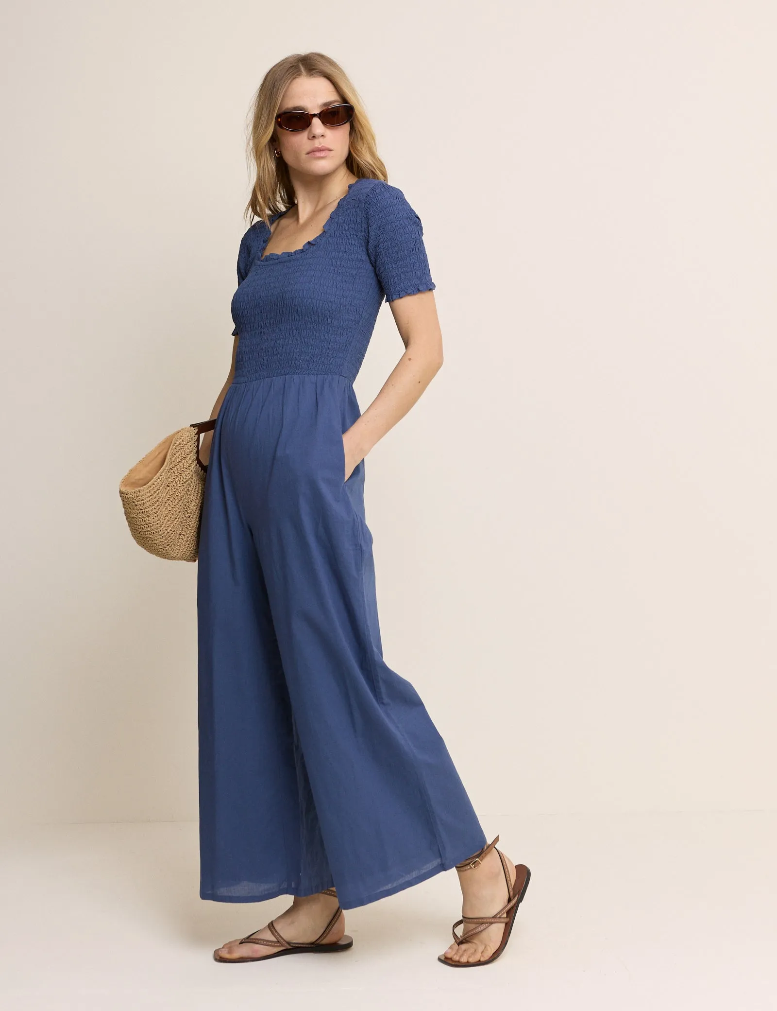 Petite Blue Shirred Wide Leg Zita Jumpsuit sold by Nobody's Child
