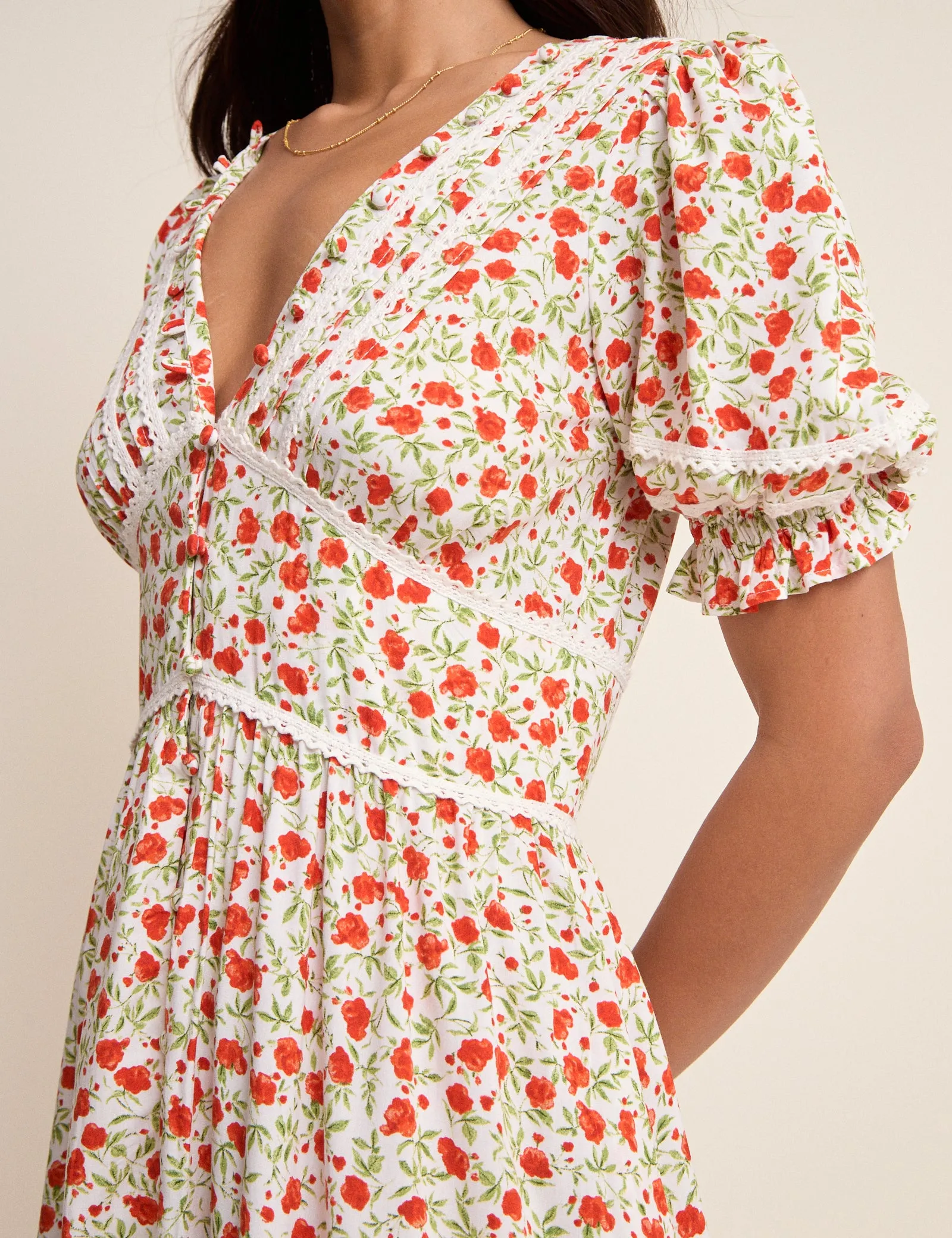 White Floral Puff Sleeve Saffy Midi Dress sold by Nobody's Child product image thumbnail 3