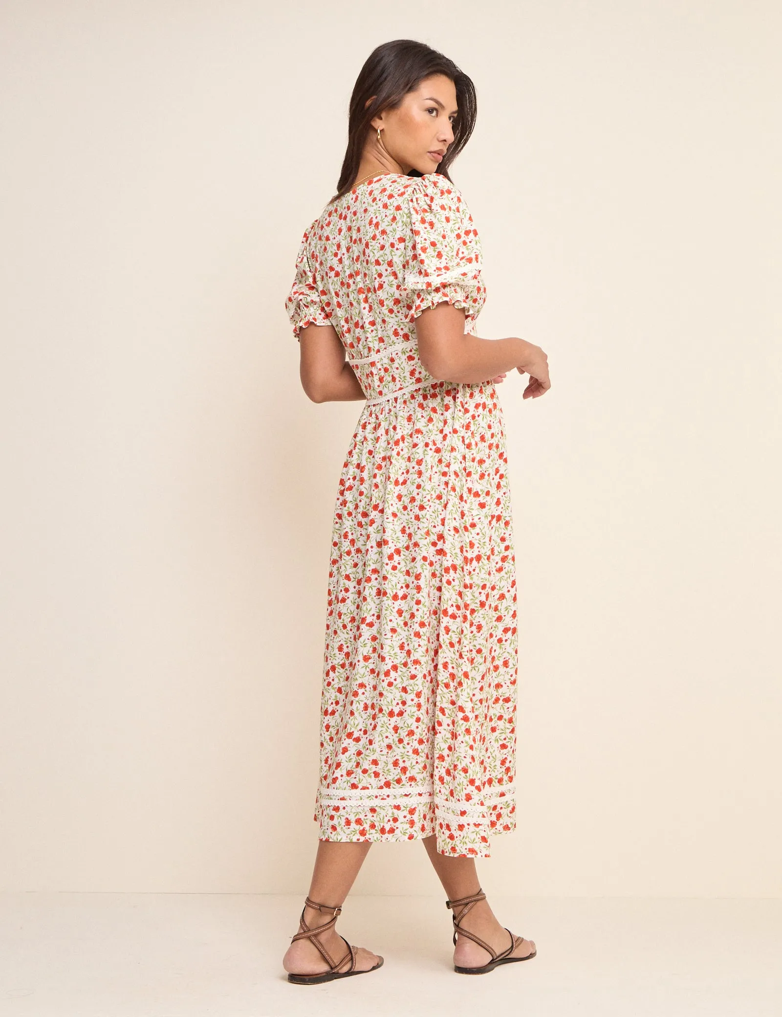 White Floral Puff Sleeve Saffy Midi Dress sold by Nobody's Child product image thumbnail 4