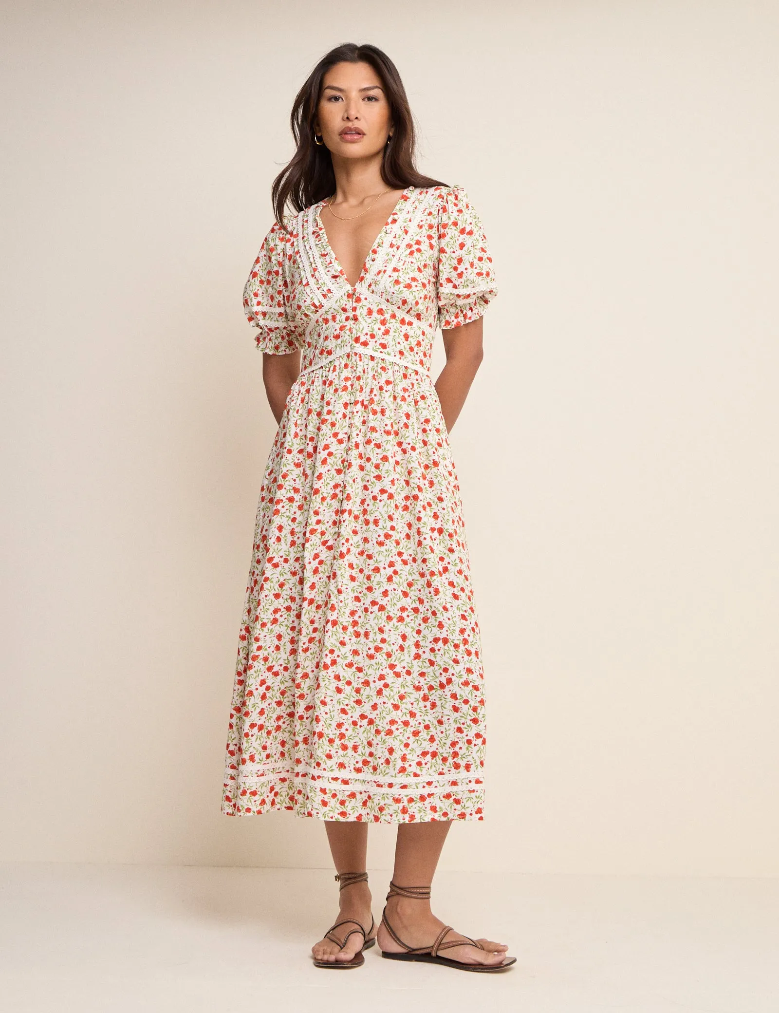 White Floral Puff Sleeve Saffy Midi Dress sold by Nobody's Child
