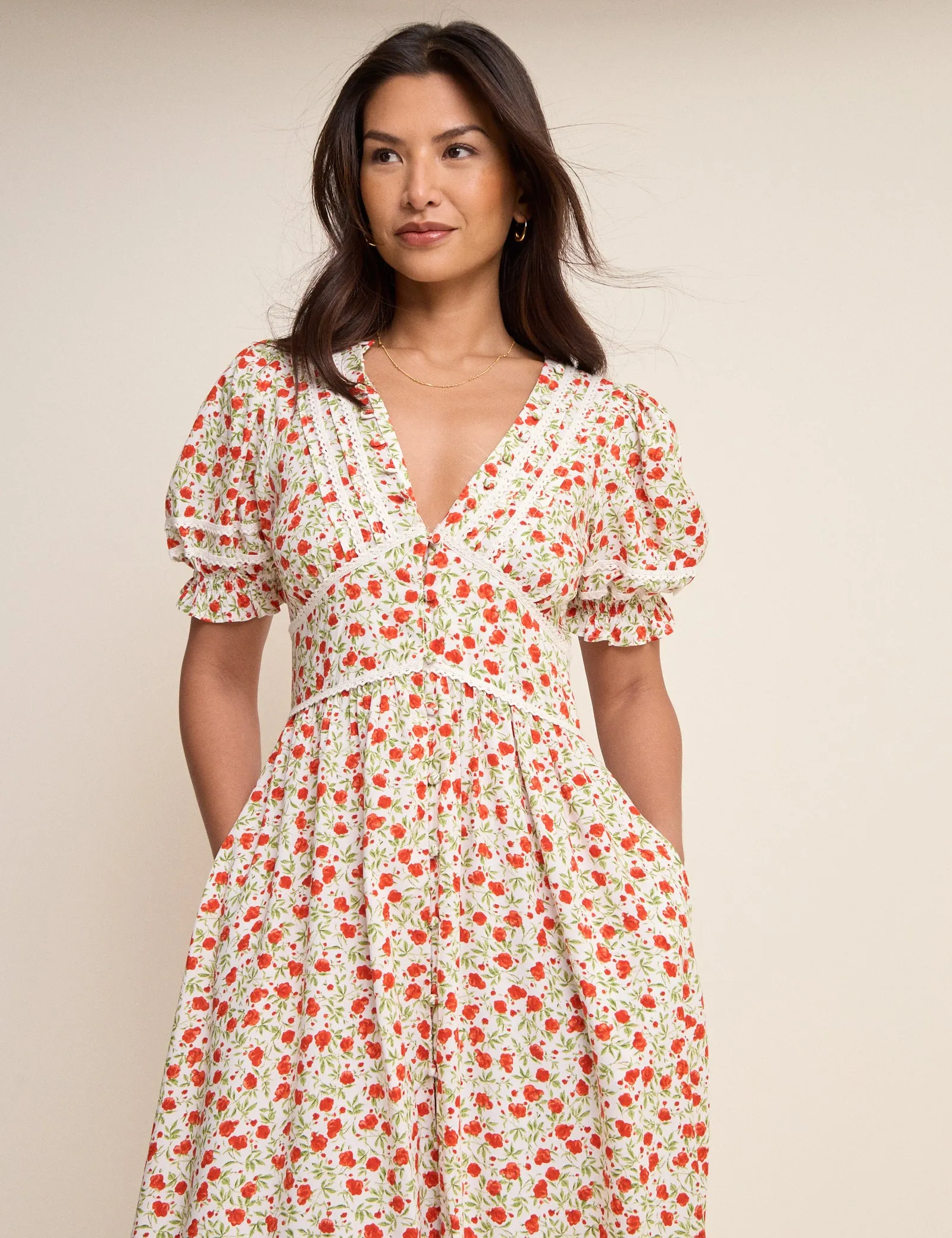 White Floral Puff Sleeve Saffy Midi Dress sold by Nobody's Child product image thumbnail 2
