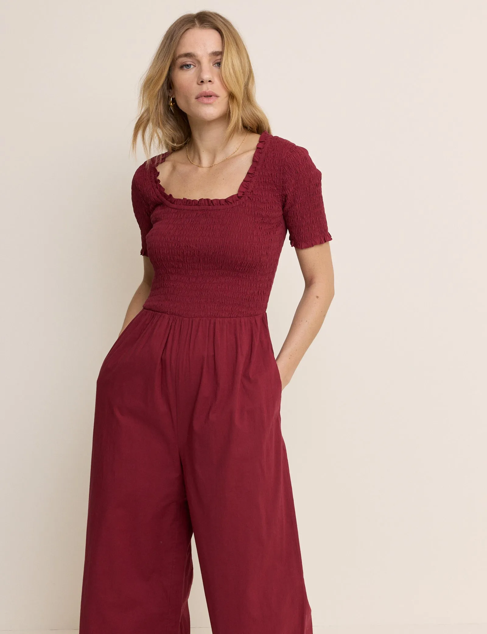 Red Shirred Wide Leg Zita Jumpsuit sold by Nobody's Child product image thumbnail 3