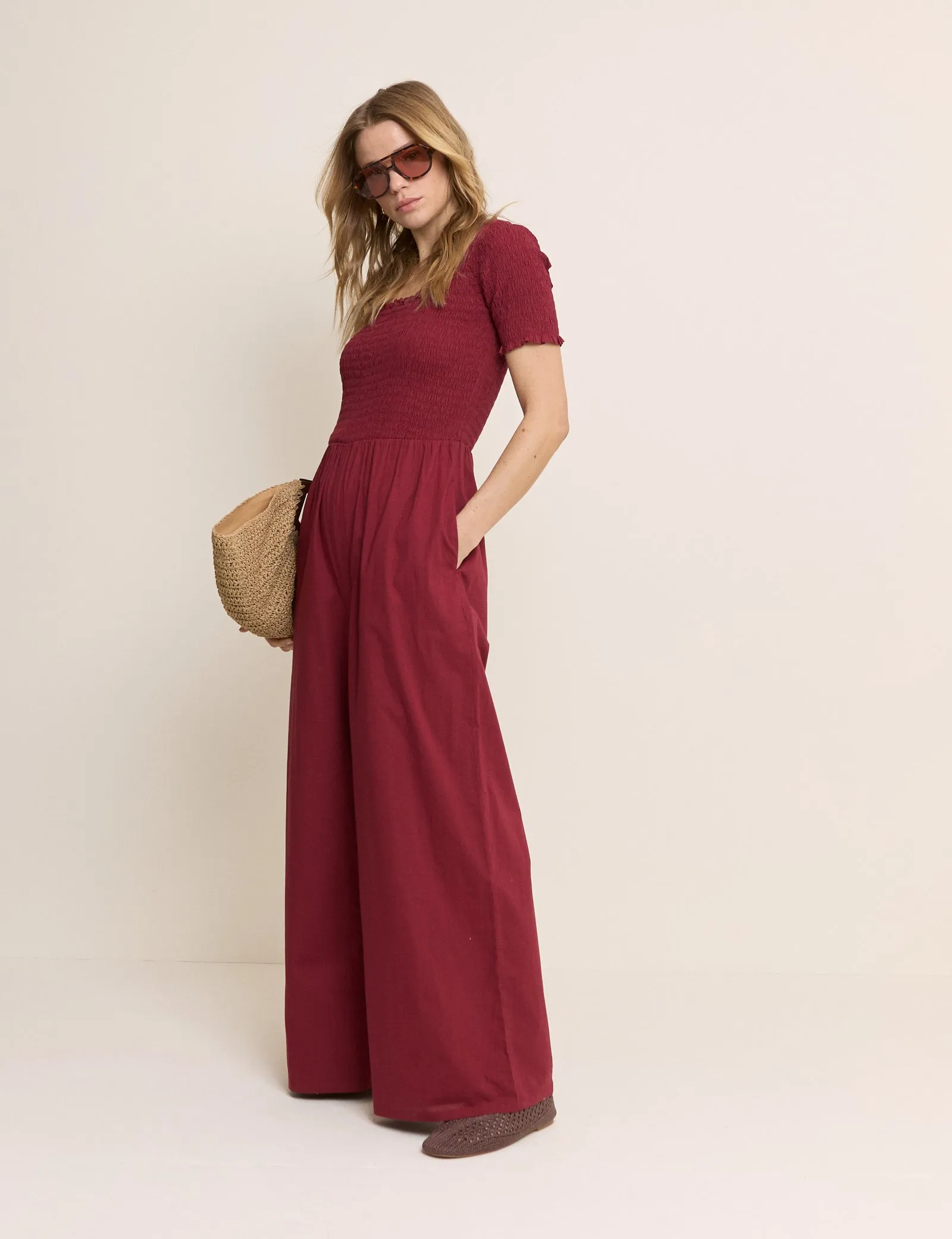 Red Shirred Wide Leg Zita Jumpsuit sold by Nobody's Child