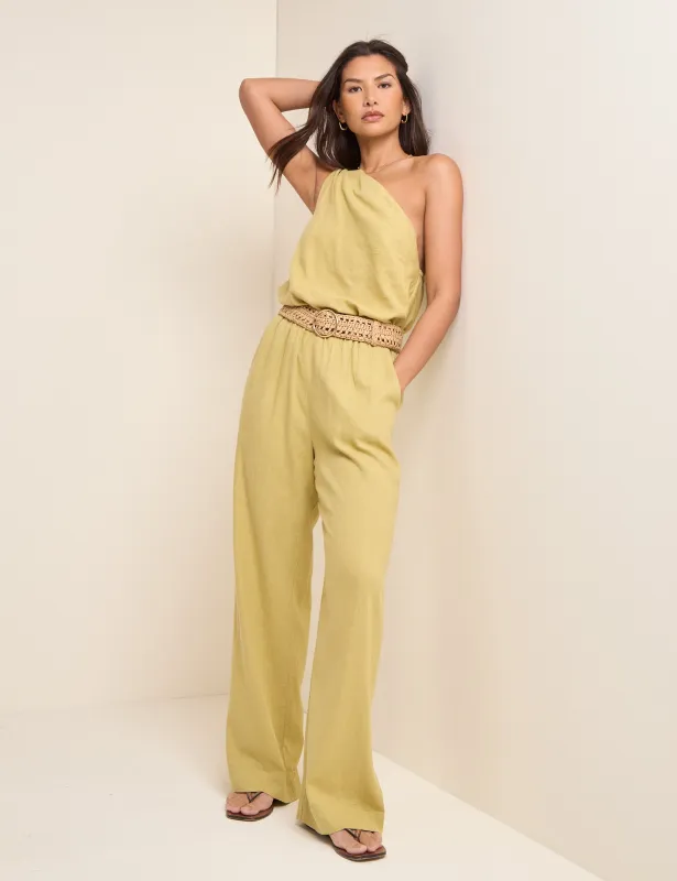 Sage Green Linen-Blend Fosse Trousers made by Nobody's Child