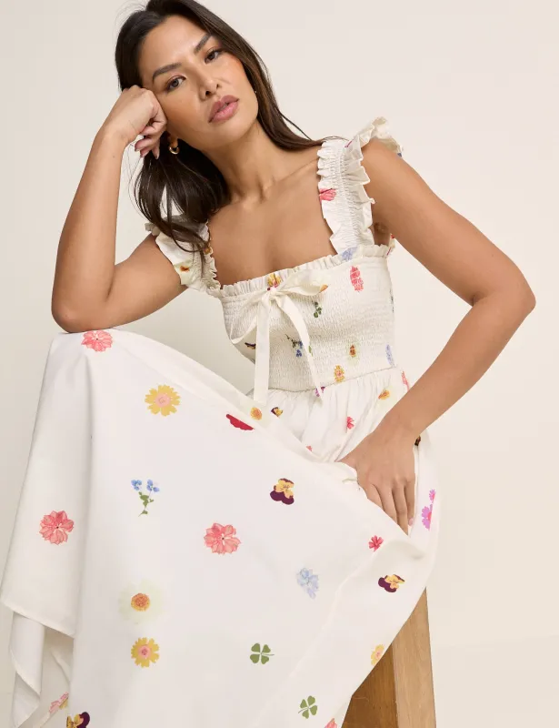 White Floral Shirred Christina Midi Dress made by Nobody's Child
