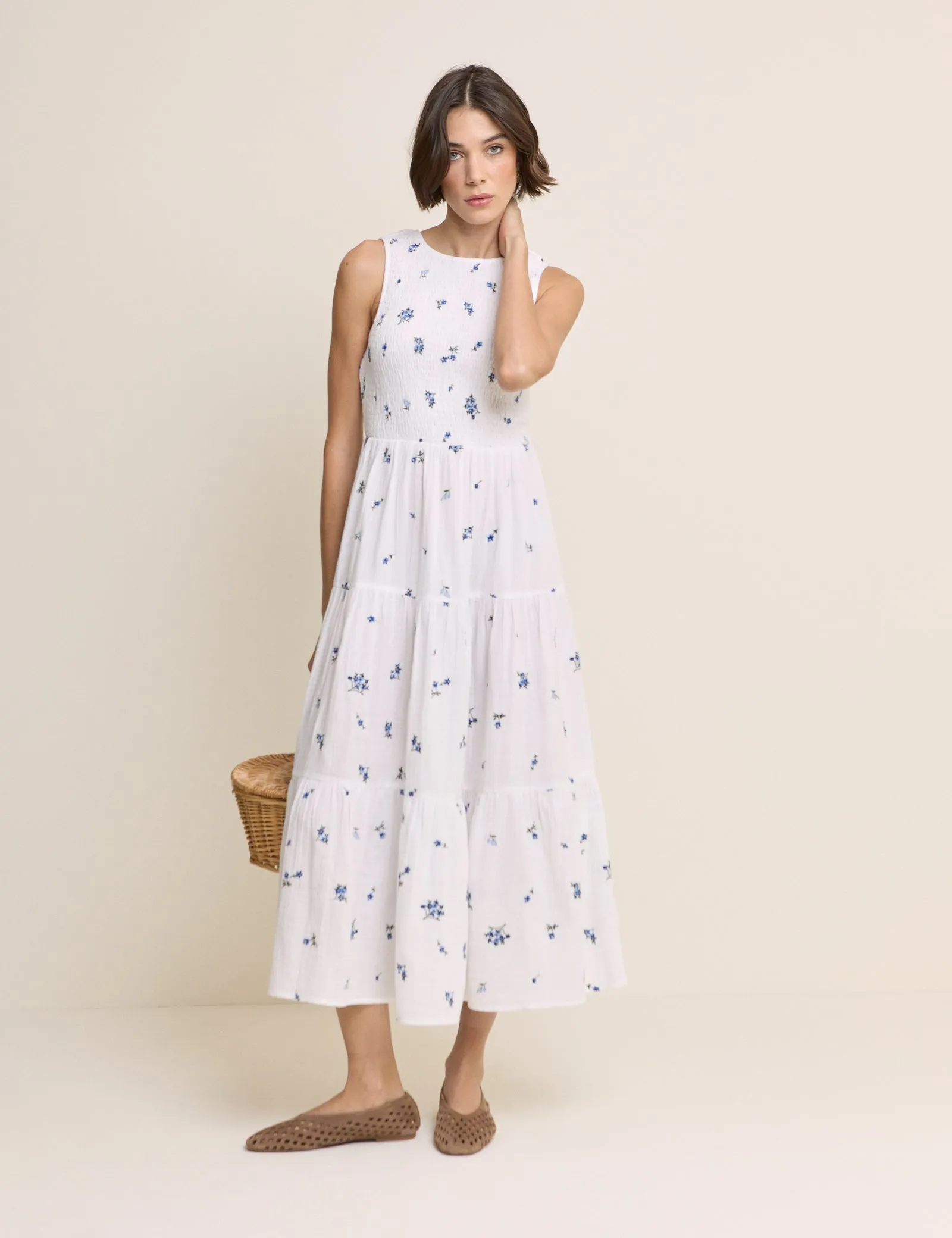 White Floral Embriodered Charlie Midi Dress sold by Nobody's Child