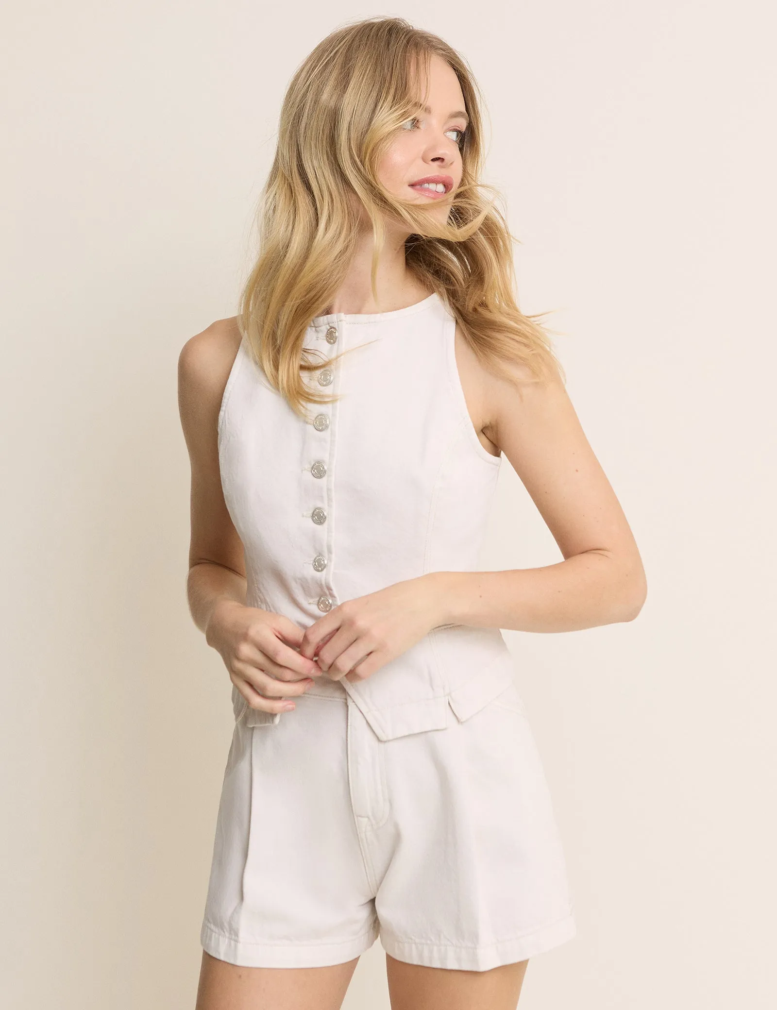 White Denim Boat Neck Emerald Waistcoat sold by Nobody's Child product image thumbnail 3