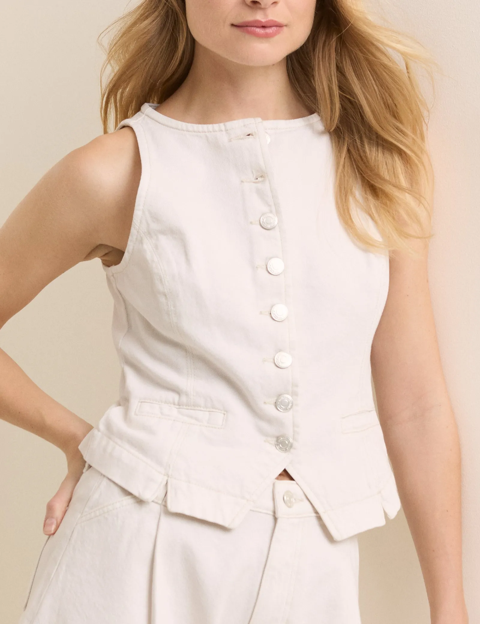 White Denim Boat Neck Emerald Waistcoat sold by Nobody's Child product image thumbnail 2