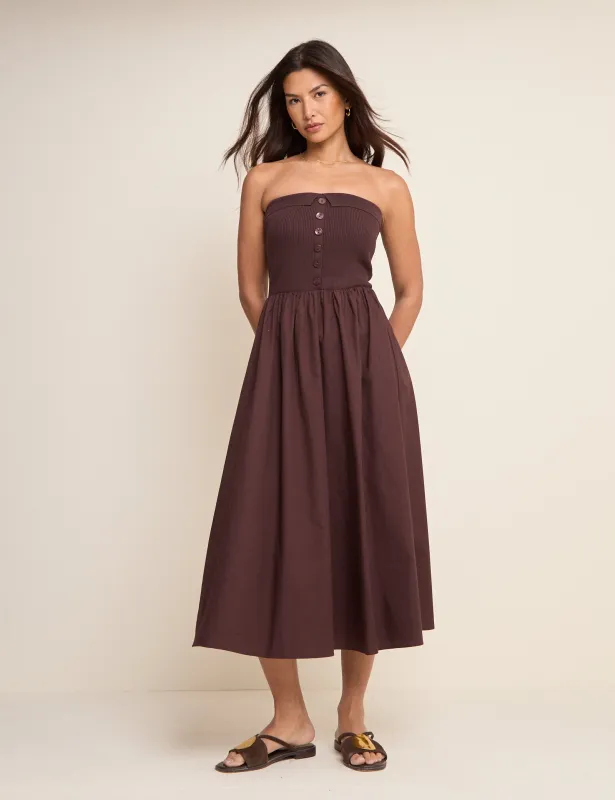 Brown Bandeau Button Front Midi Dress made by Nobody's Child
