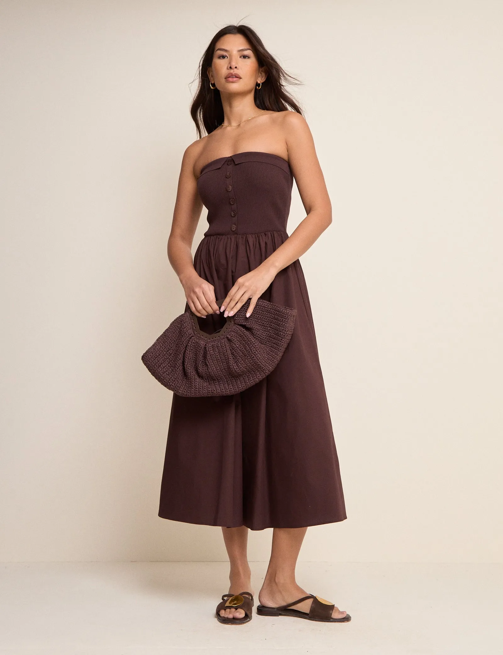 Brown Bandeau Button Front Midi Dress sold by Nobody's Child product image thumbnail 5