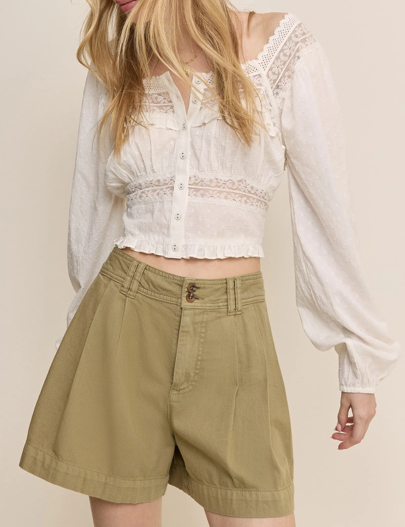 Khaki High Waisted Albie Twill Short sold by Nobody's Child