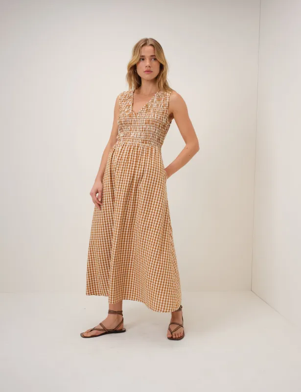 Orange Gingham Shirred Audrey Midi Dress made by Nobody's Child