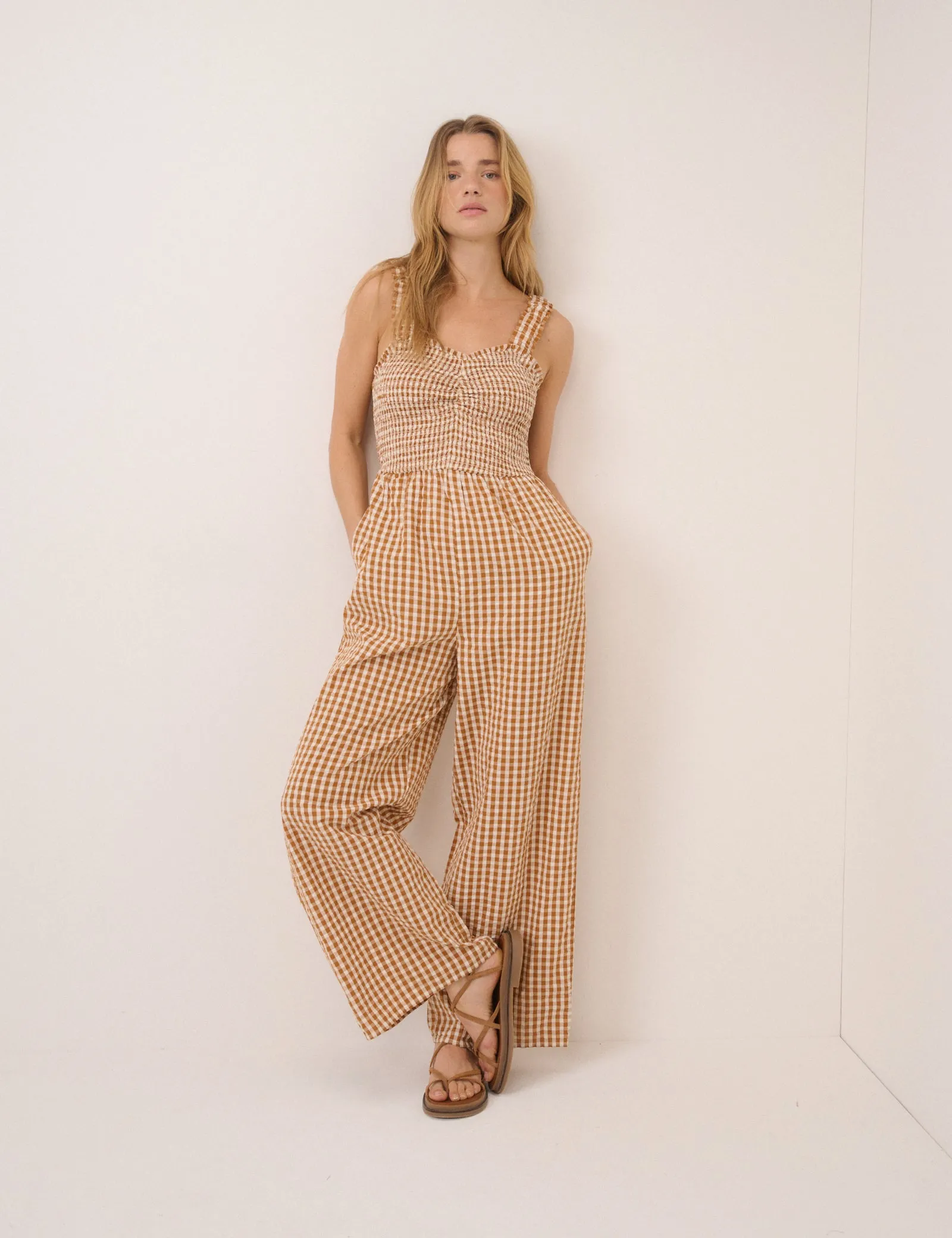 Orange Gingham Shirred Helena Jumpsuit sold by Nobody's Child