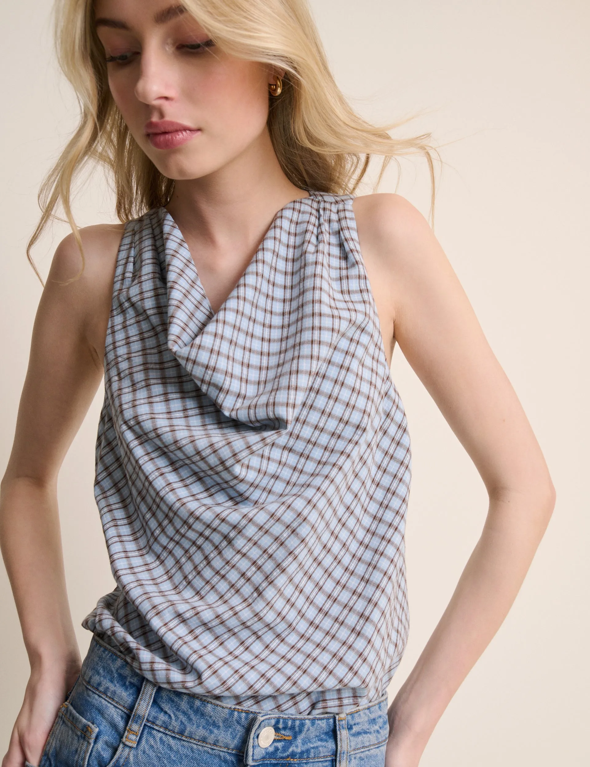 Blue Check Cowl Neck Sleeveless Top sold by Nobody's Child product image thumbnail 3