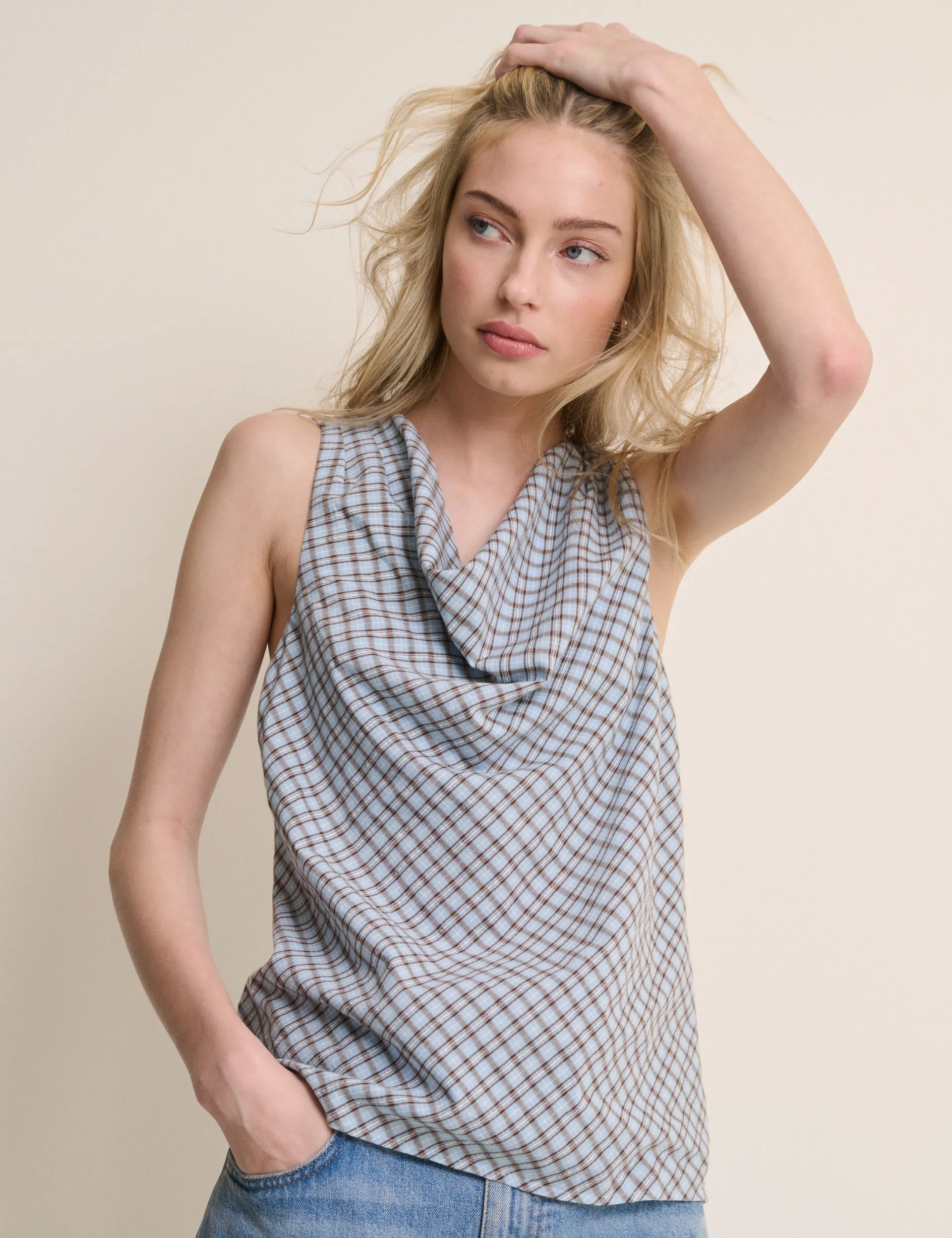Blue Check Cowl Neck Sleeveless Top sold by Nobody's Child