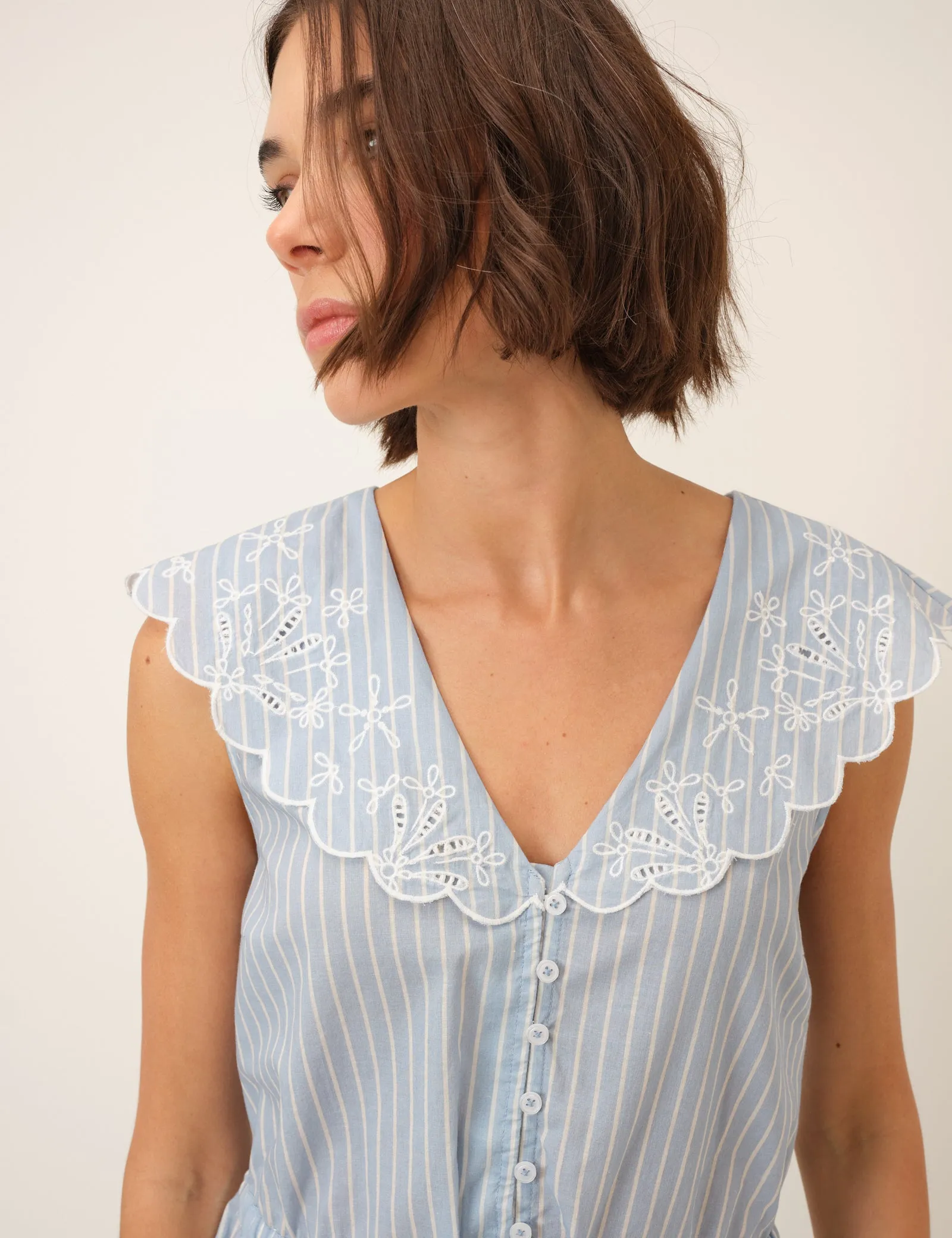 Light Blue Pinstripe Broderie Collar Simona Top sold by Nobody's Child product image thumbnail 2