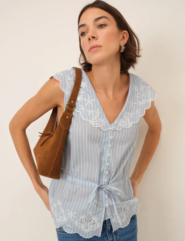 Light Blue Pinstripe Broderie Collar Simona Top made by Nobody's Child