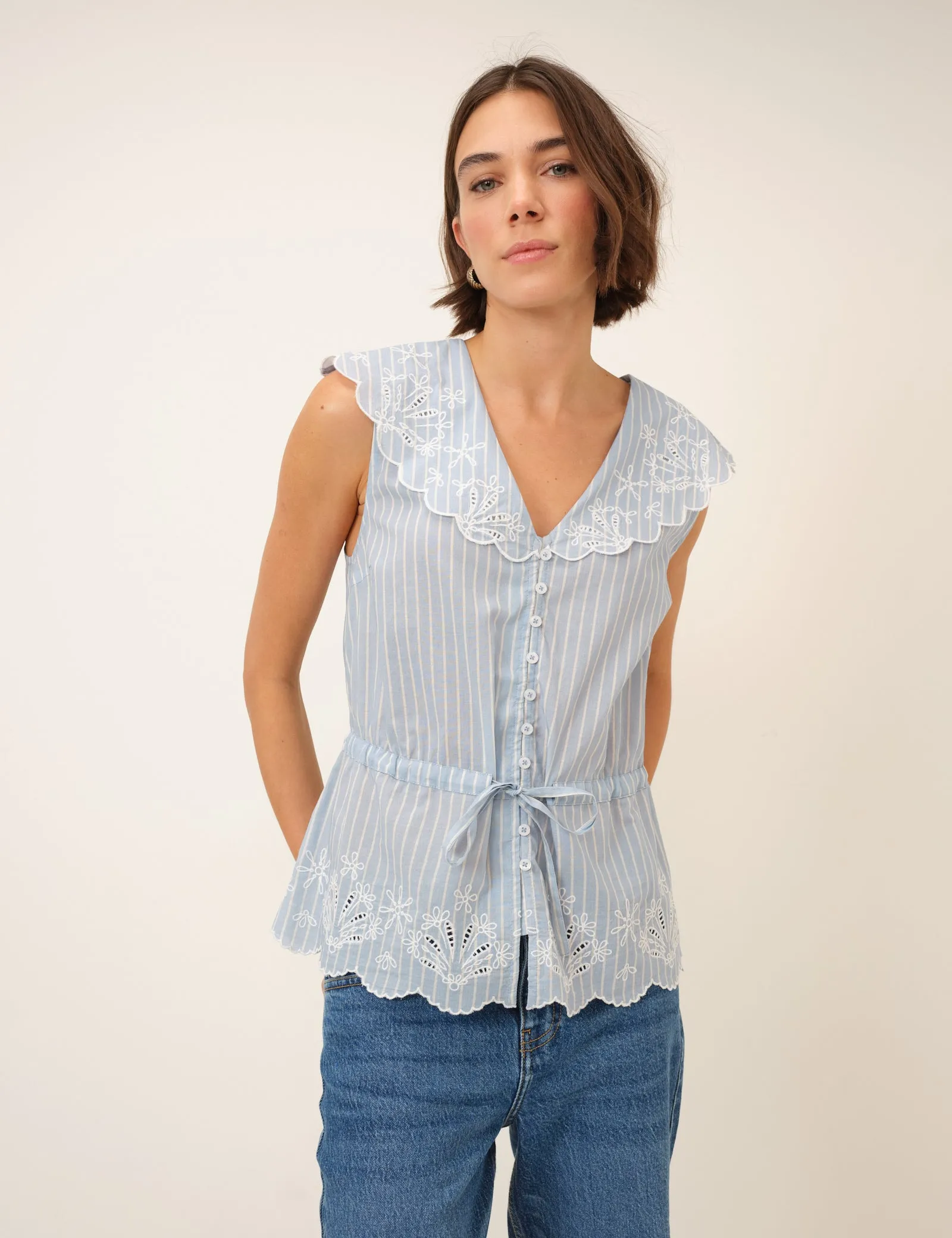 Light Blue Pinstripe Broderie Collar Simona Top sold by Nobody's Child product image thumbnail 3