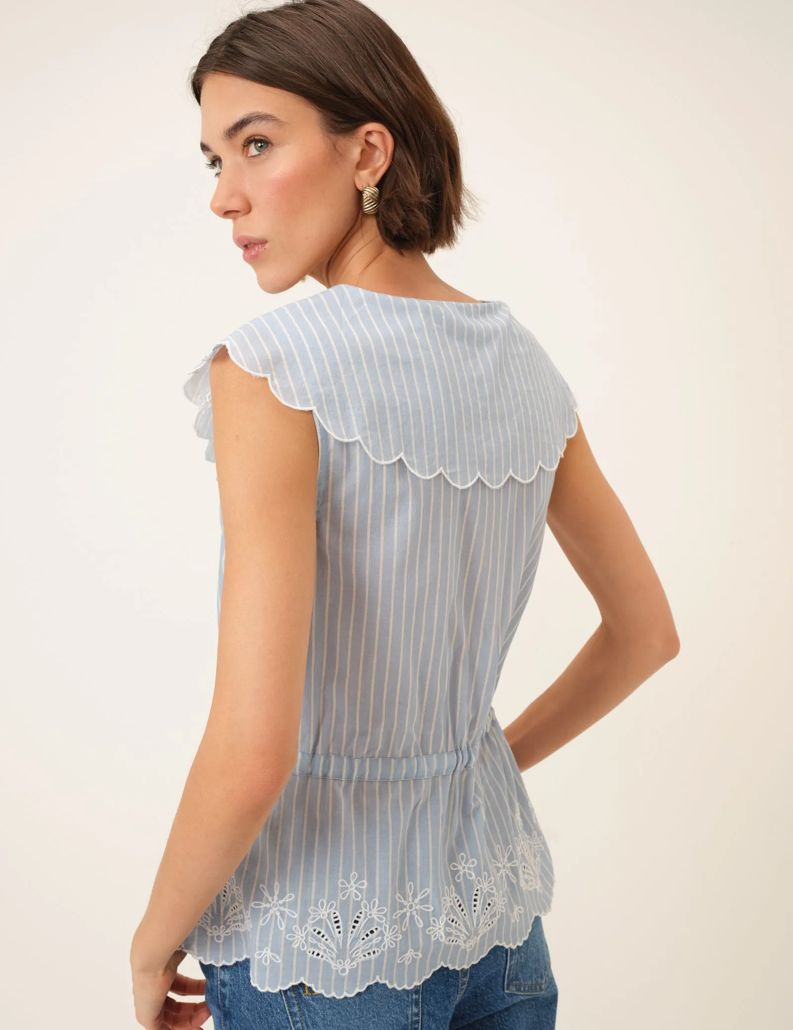Light Blue Pinstripe Broderie Collar Simona Top sold by Nobody's Child product image thumbnail 5