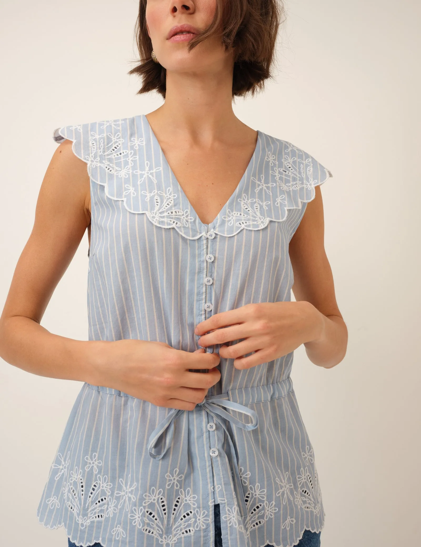 Light Blue Pinstripe Broderie Collar Simona Top sold by Nobody's Child product image thumbnail 4