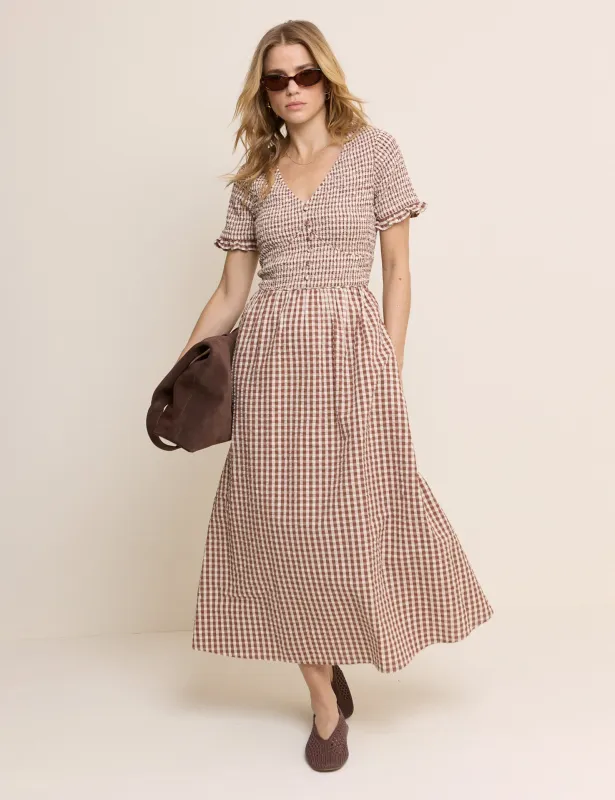Brown Gingham Shirred Eliza Midi Dress made by Nobody's Child