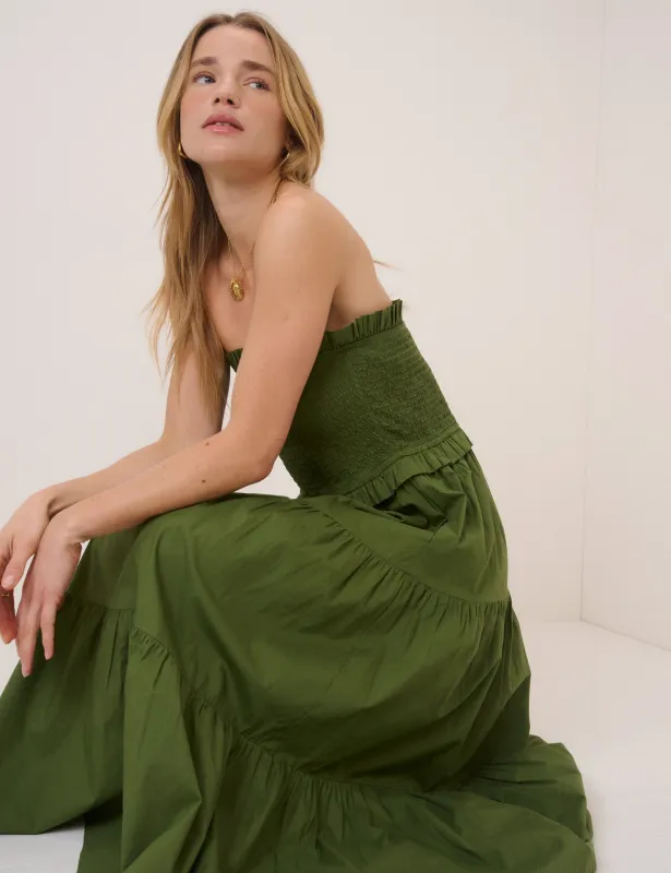 Khaki Shirred Bandeau Tiered Eva Midi Dress made by Nobody's Child
