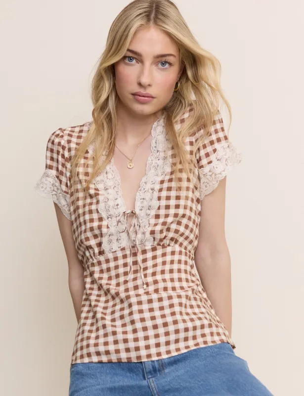 Brown Gingham Lace Trim Maeve Top made by Nobody's Child