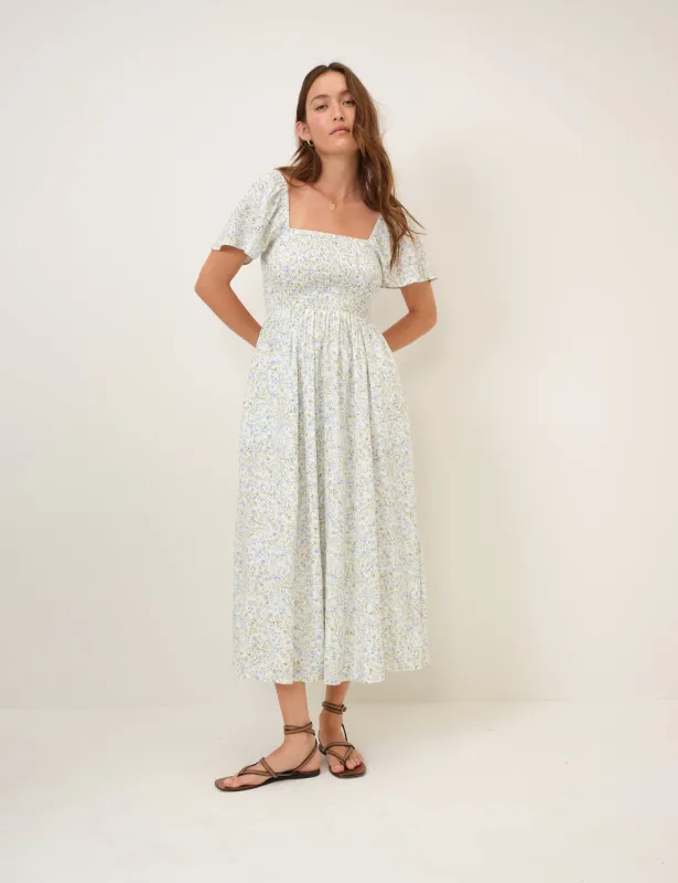 Blue Floral Shirred Bella Midi Dress made by Nobody's Child