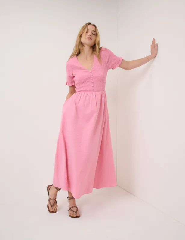 Pink Shirred V-Neck Eliza Midi Dress made by Nobody's Child